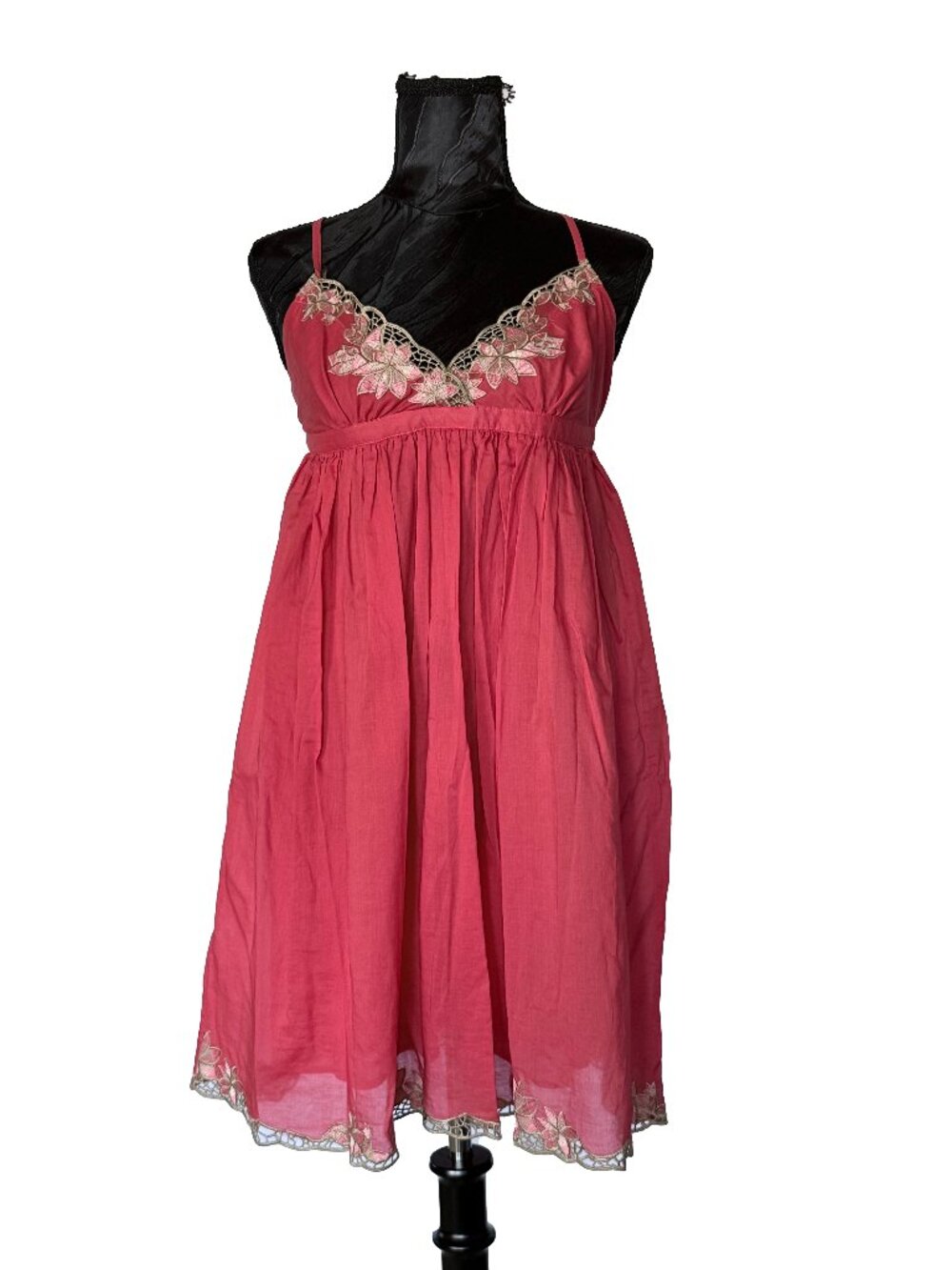 🌟 AKUALANI Boho Embroidered Cotton Gauze Strappy Back Dress - Red M
